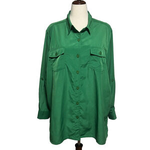 Roamans Top Womens 24W Green Christmas Button Up Long Sleeve Pockets Career